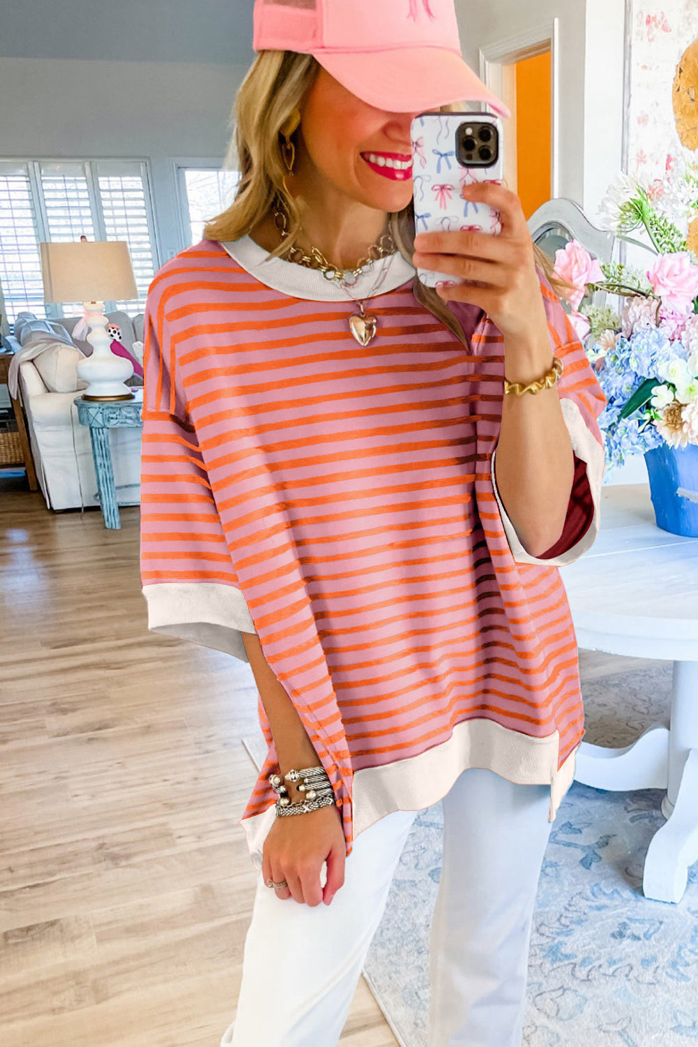 Pink Stripe Colorblock Drop Sleeve Oversized T Shirt