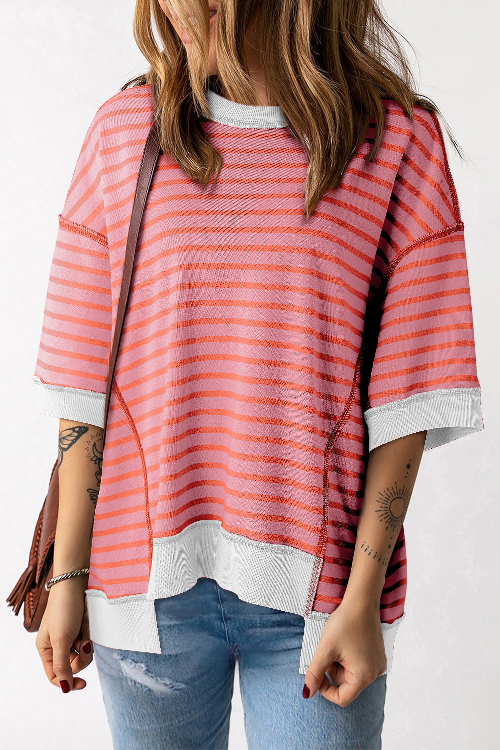 Pink Stripe Colorblock Drop Sleeve Oversized T Shirt