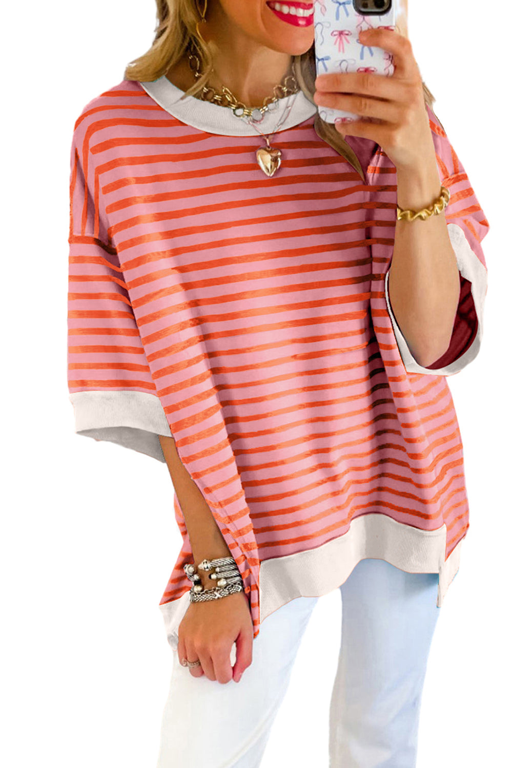 Pink Stripe Colorblock Drop Sleeve Oversized T Shirt