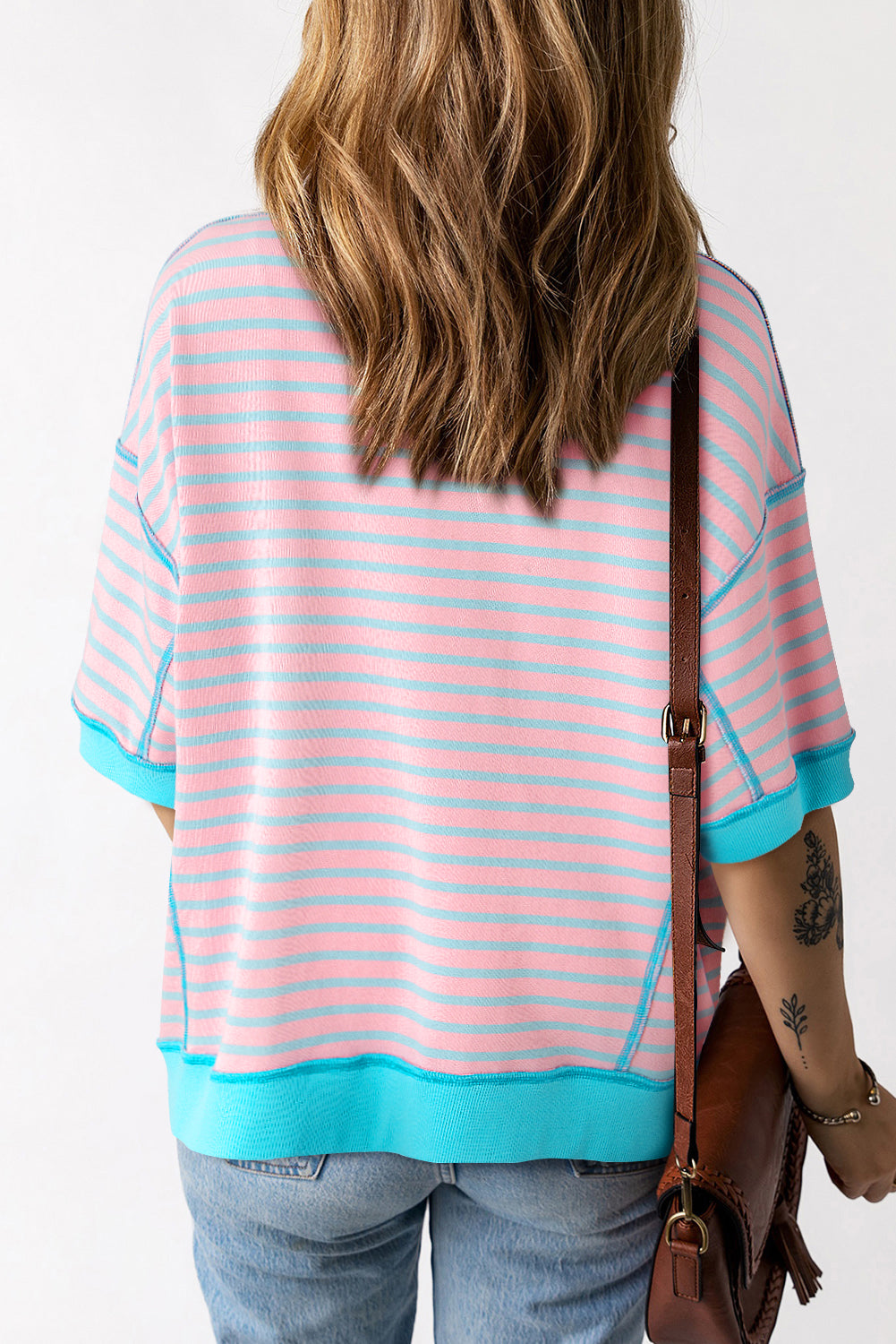 Pink Stripe Colorblock Drop Sleeve Oversized T Shirt