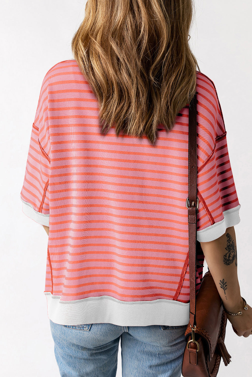 Pink Stripe Colorblock Drop Sleeve Oversized T Shirt