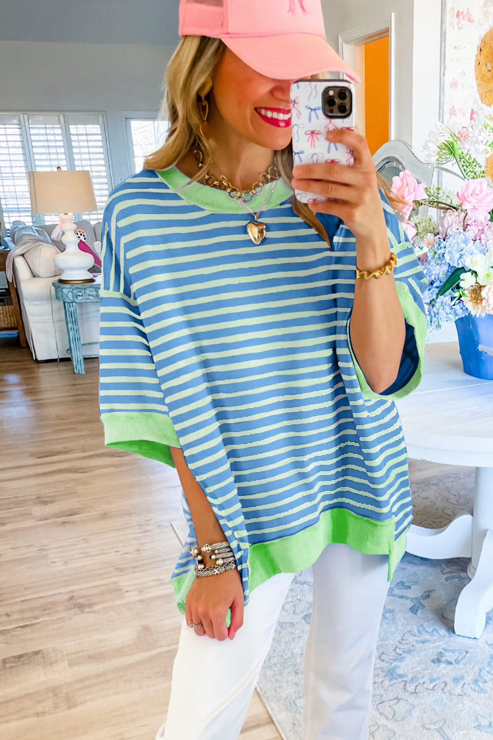 Pink Stripe Colorblock Drop Sleeve Oversized T Shirt