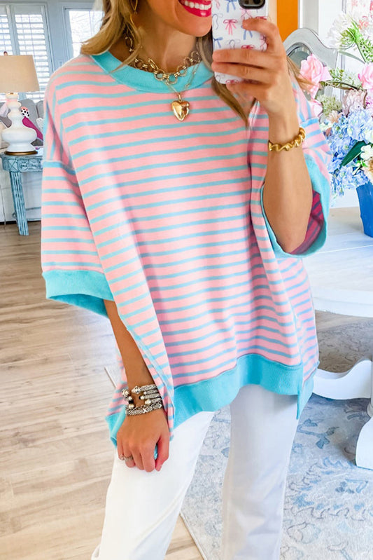 Pink Stripe Colorblock Drop Sleeve Oversized T Shirt