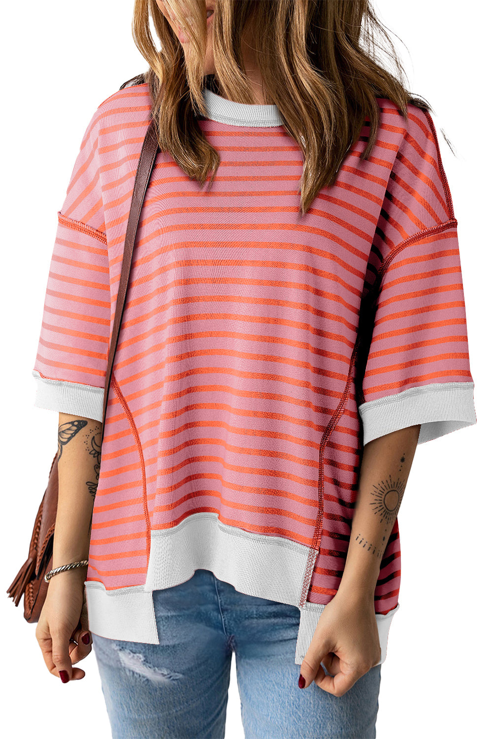 Pink Stripe Colorblock Drop Sleeve Oversized T Shirt