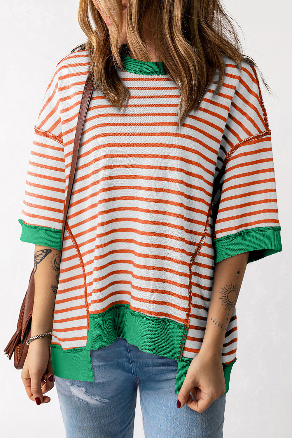 Pink Stripe Colorblock Drop Sleeve Oversized T Shirt