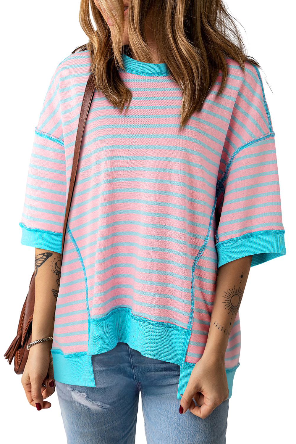 Pink Stripe Colorblock Drop Sleeve Oversized T Shirt