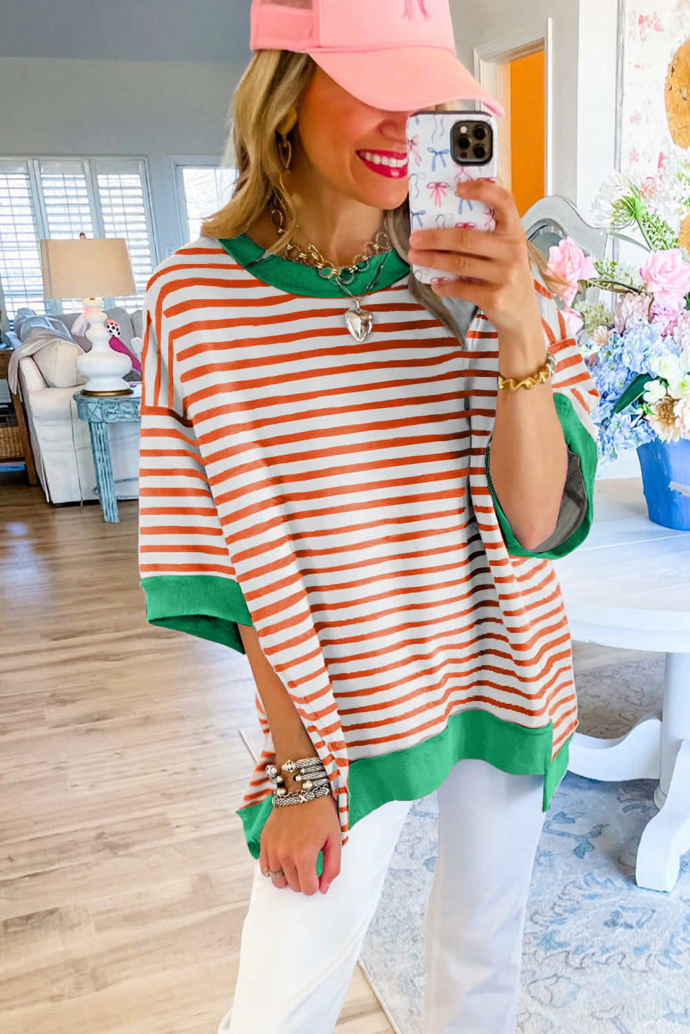 Pink Stripe Colorblock Drop Sleeve Oversized T Shirt