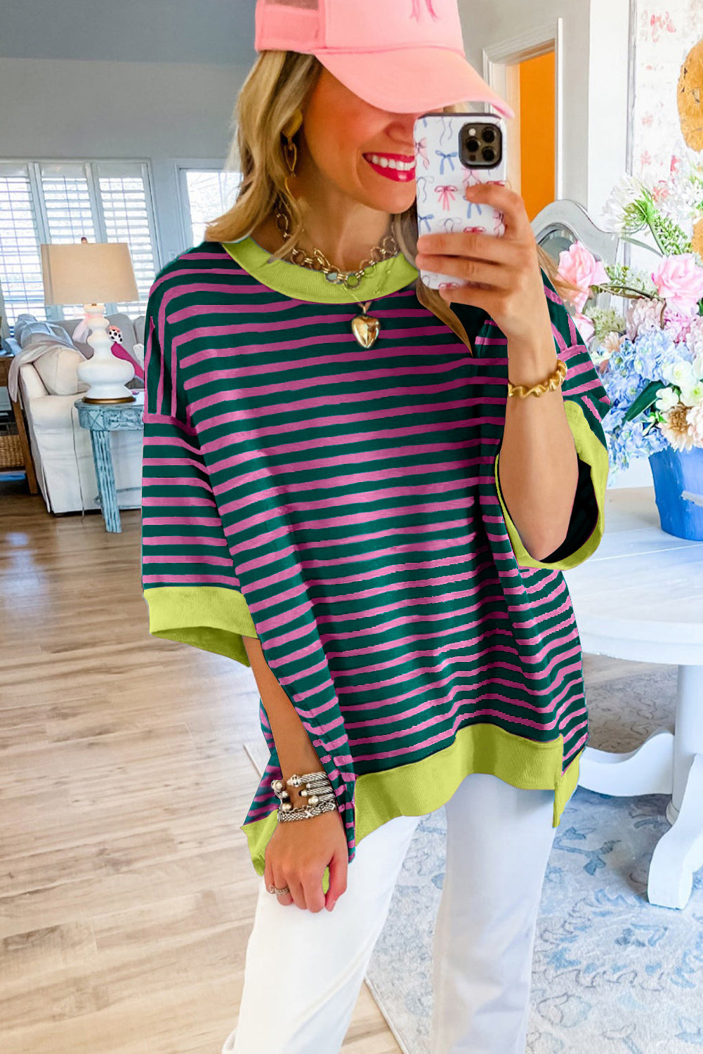 Pink Stripe Colorblock Drop Sleeve Oversized T Shirt